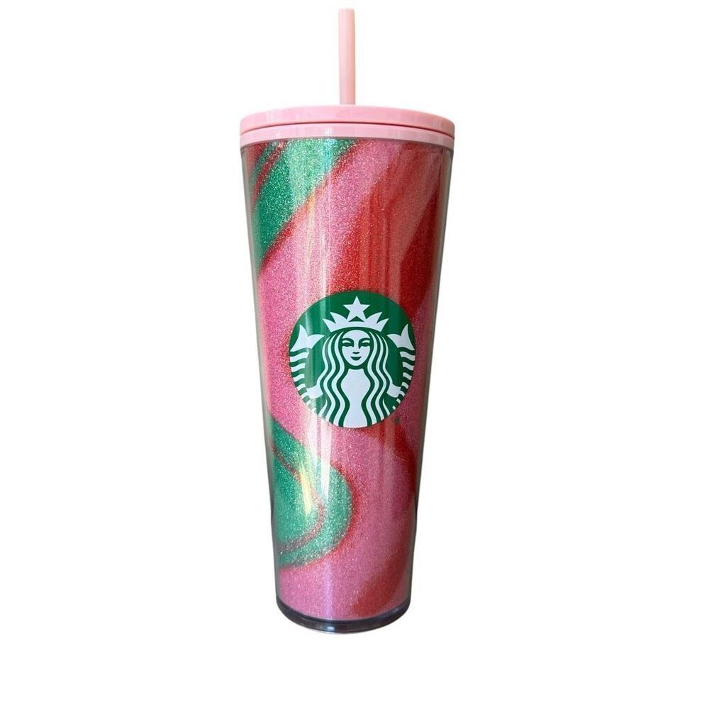 Starbucks Pink Swirl Cold Cup Tumbler 24 oz. Holiday Multicolor with straw